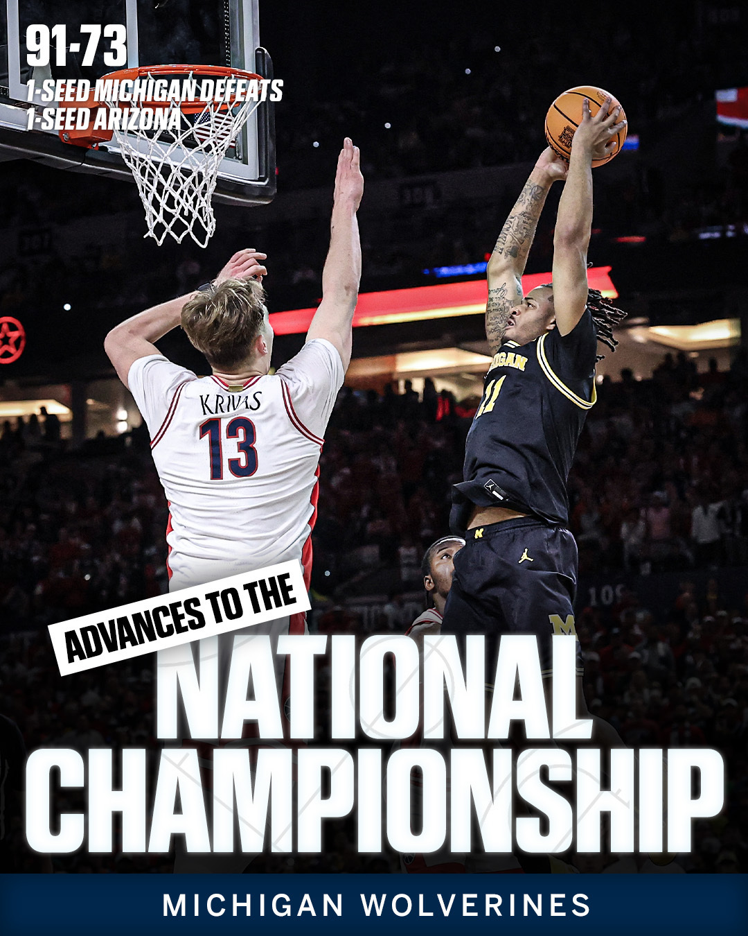 密西根91比73完胜亚利桑那，时隔8年重新杀进疯三决赛，他们也成为历史首支单词锦