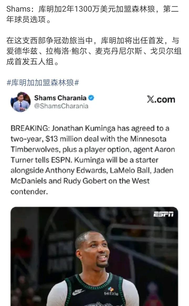 库明加起码在木狼能有点球权
等于兰德尔换成库明加，还多了个三球组织，这阵容挺豪华
