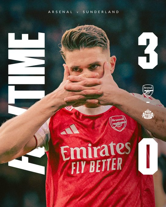 阿森纳vs桑德兰阿森纳3-0桑德兰，42分钟苏维门迪贴地斩首开，替补约克雷斯66