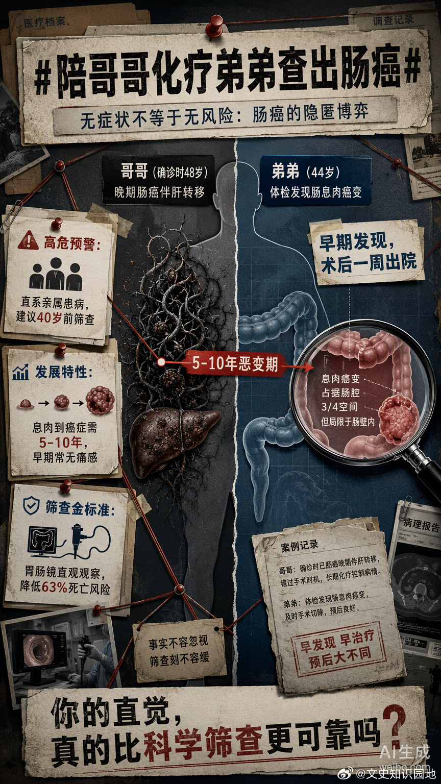 44岁的郑先生陪晚期肠癌的哥哥化疗，在医生提醒下做了次胃肠镜，结果查出自己也患了