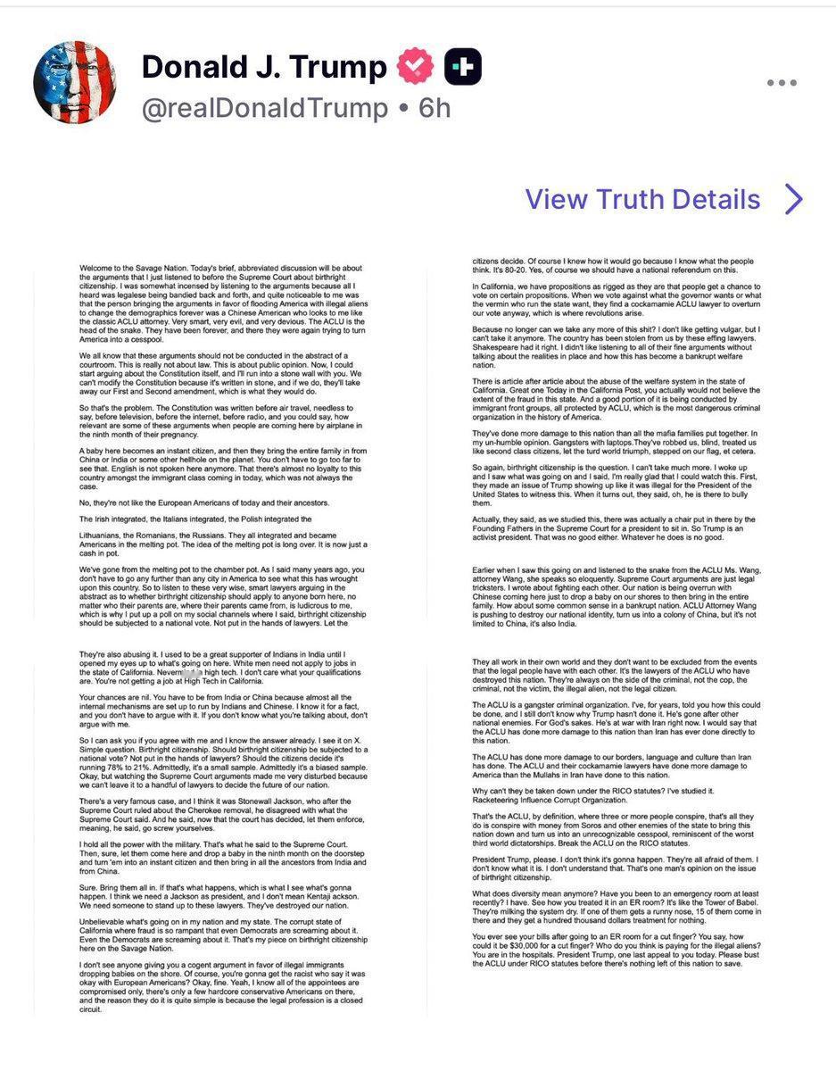 川普发了一篇长文，
称中国和印度移民是拿着笔记本的匪徒，
不知道润出去的华人后悔