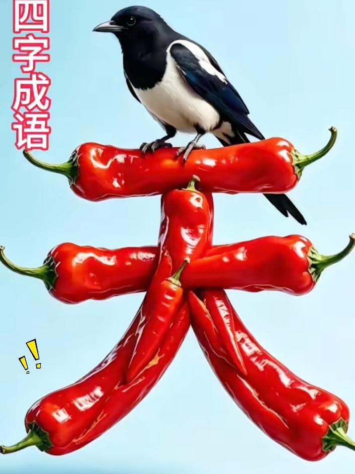 都三天了，好多人看见这张图，怎么都猜不出里面的四字成语。红辣椒拼成了天字，上面站