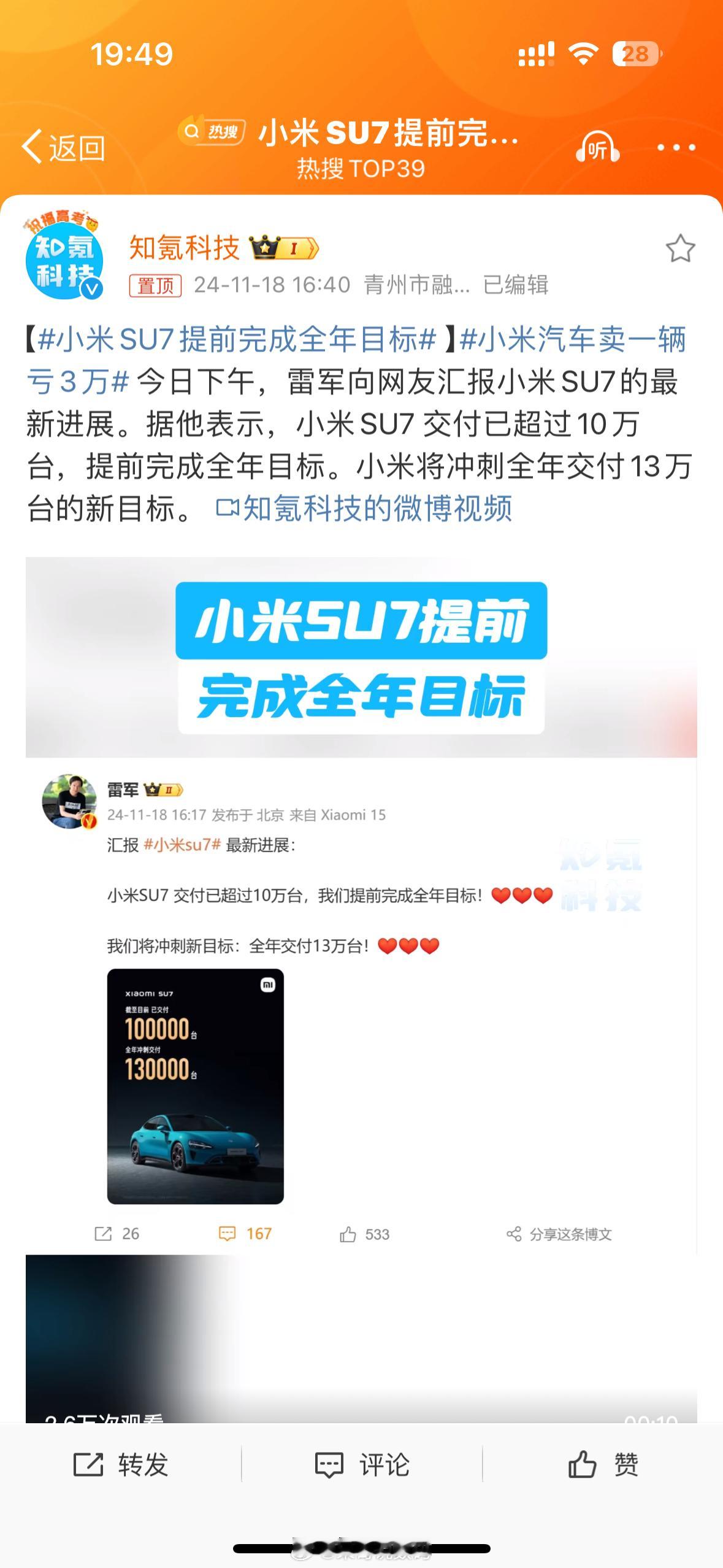 小米SU7提前完成全年目标 小米集团曾设定2024年全年交付10万辆小米SU7系