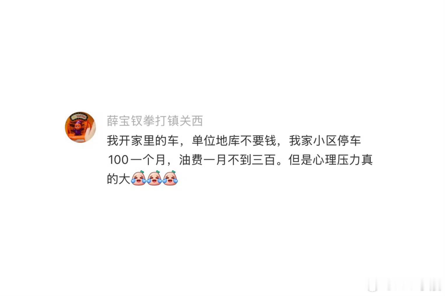 突然意识到开车上班花销很大以为开车是享受，月底看账单才发现，自己其实是在给油箱和