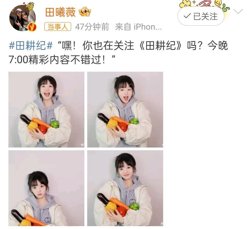 田曦薇抱蔬菜随拍🈶，今晚和可爱小田一起追《田耕纪》！[抱一抱] ​​​