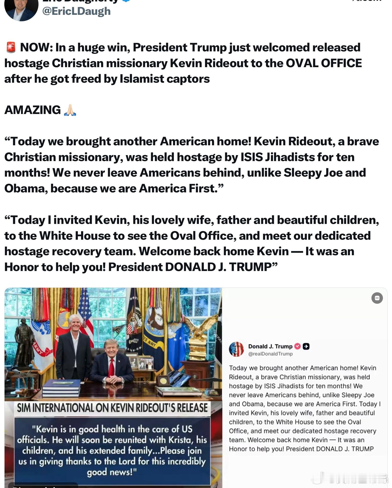 川普總統剛剛在橢圓形辦公室接見了剛獲釋的人質——christian傳教士凱文·賴