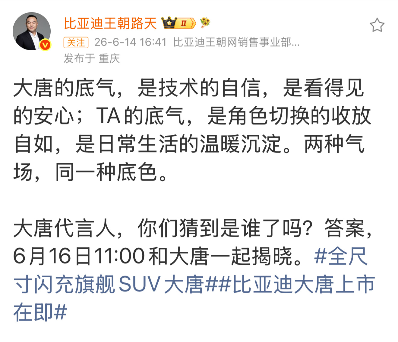全尺寸闪充旗舰SUV大唐 比亚迪大唐的品牌代言人，不用猜，已经被张若昀的粉丝曝光