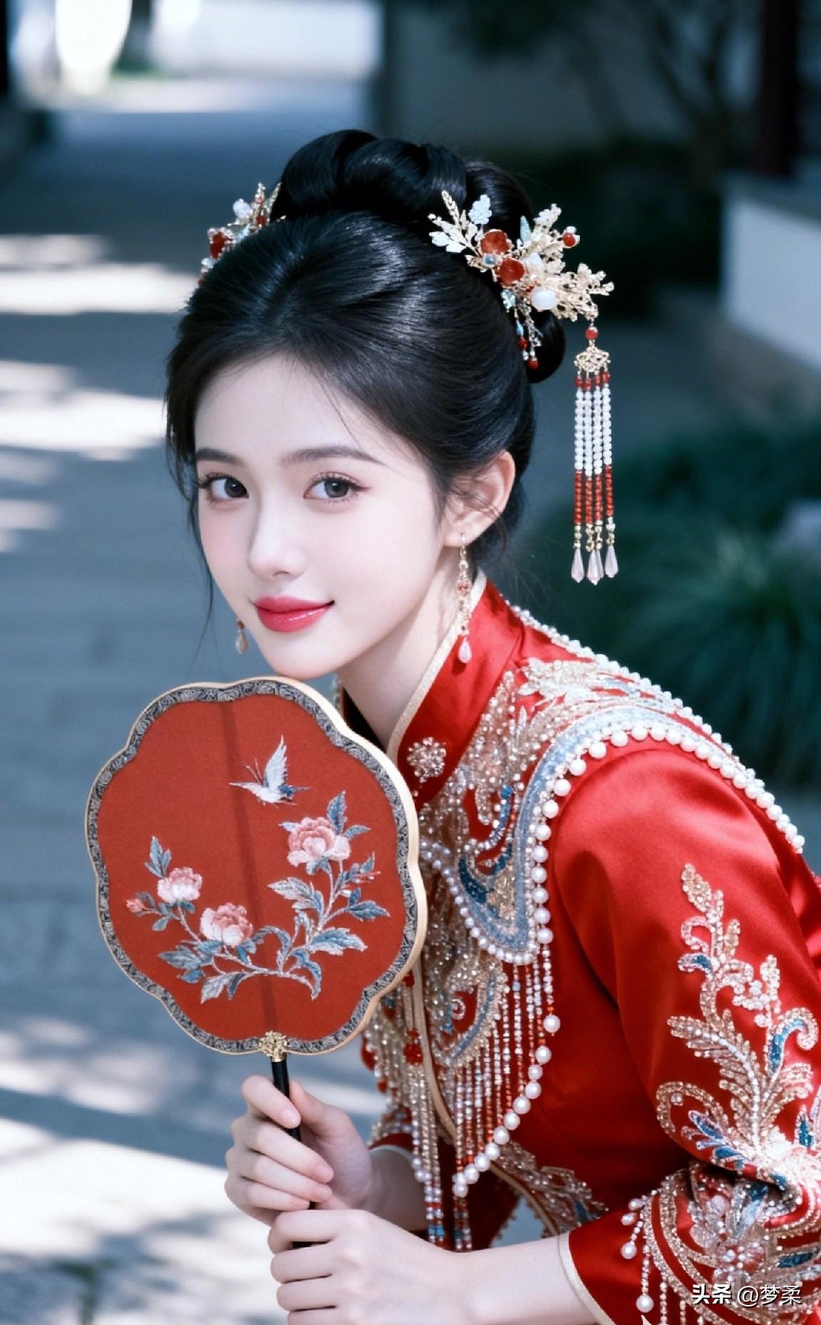 红衣美人，手持团扇，步履生姿！