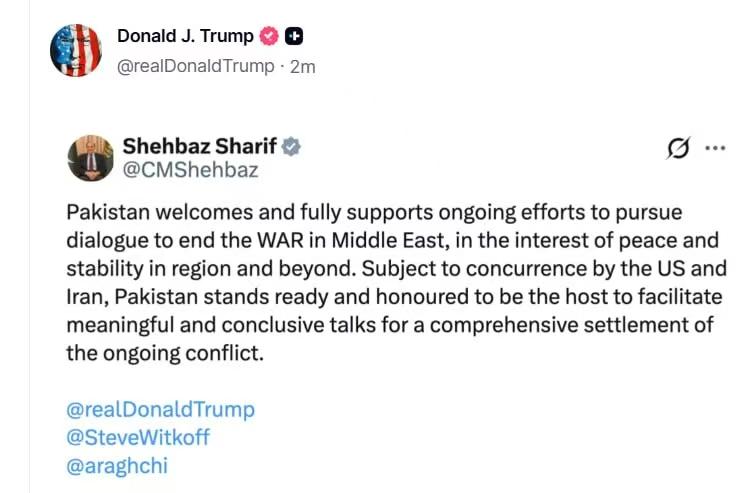 特朗普转发巴基斯坦总理呼吁“结束战争”的帖子，敦促与伊朗展开对话

德黑兰方面一