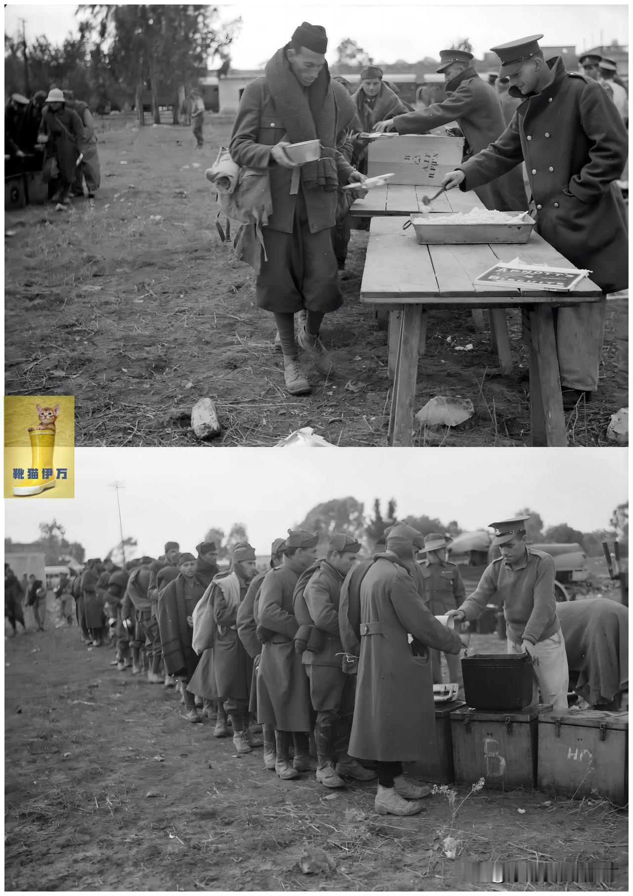 1940年，巴勒斯坦，Wady Sarar车站，意大利战俘排队领取午餐，新西兰士