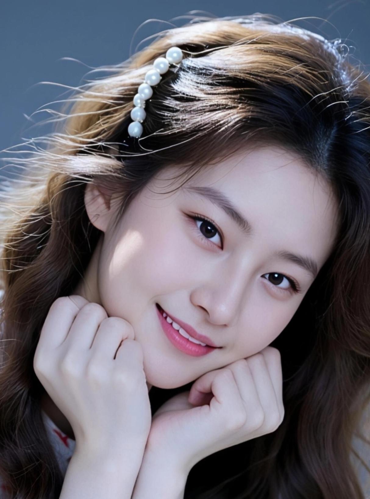 甜美少女，微笑如阳光，珍珠发饰点缀，元气满满！🌟💖