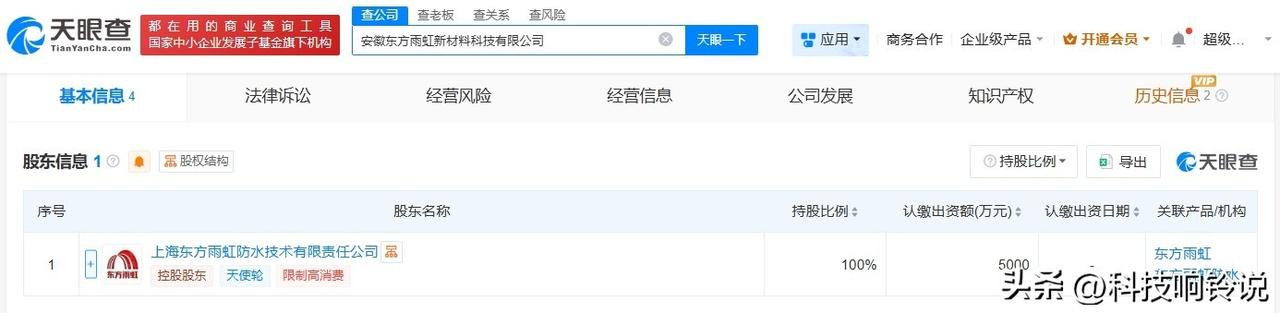 【东方雨虹在安徽成立新材料公司 注册资本5000万】
天眼查工商信息显示，近日，