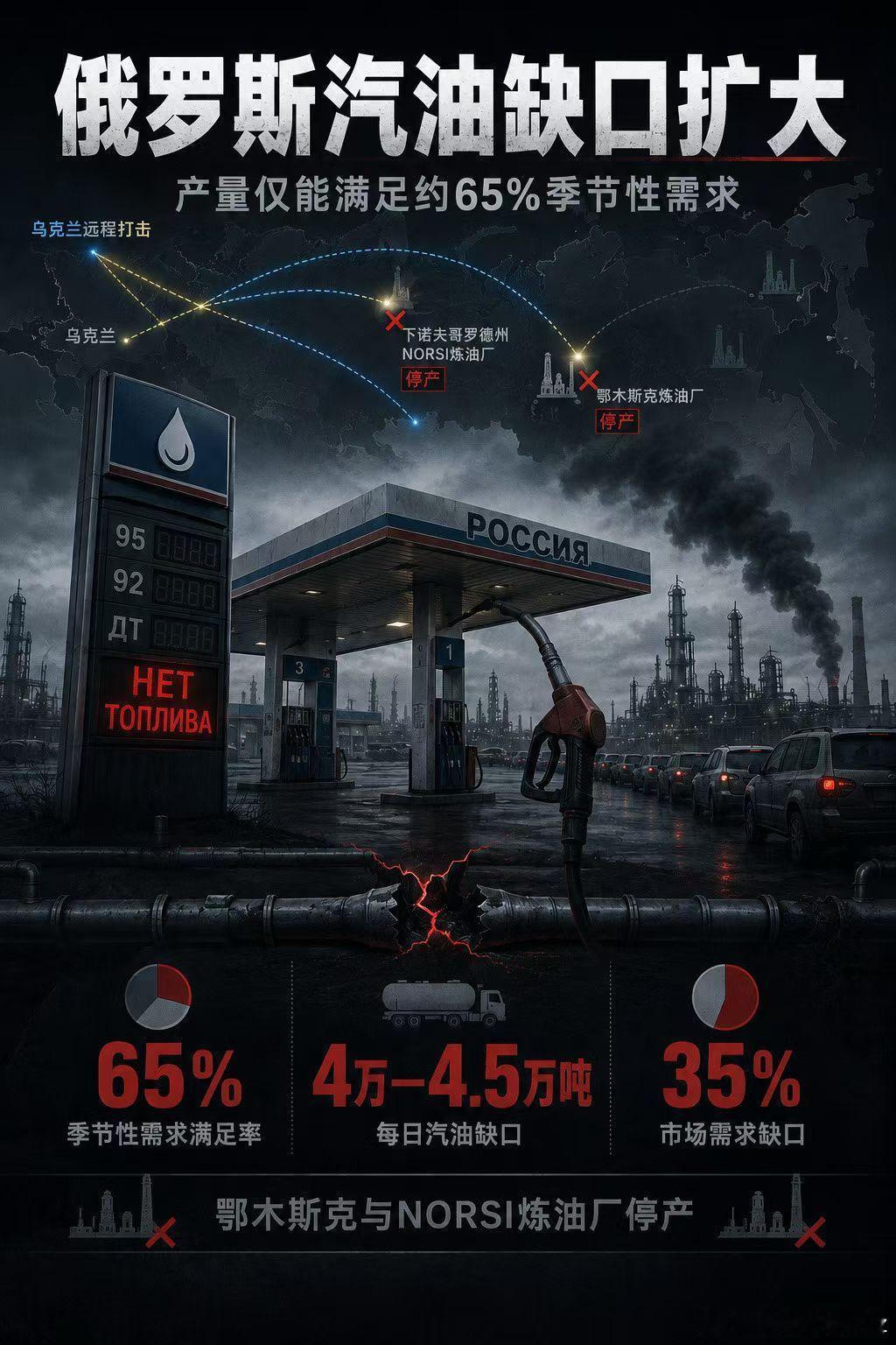 受乌克兰持续打击的影响，俄在国内的燃料危机日益加剧。根据《莫斯科时报》的一份经济