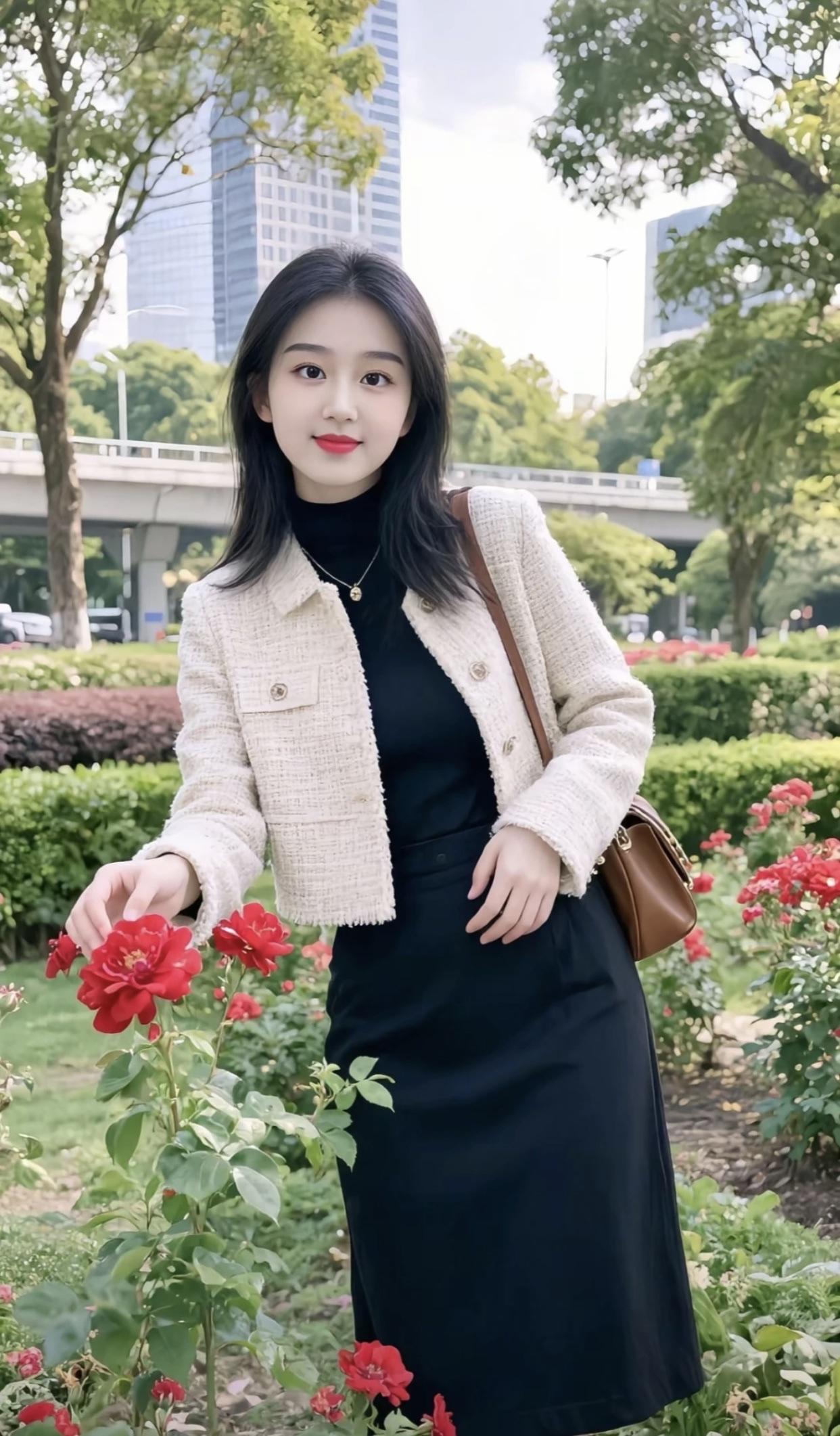 红衣美人倚花丛，笑语盈盈暗香生。