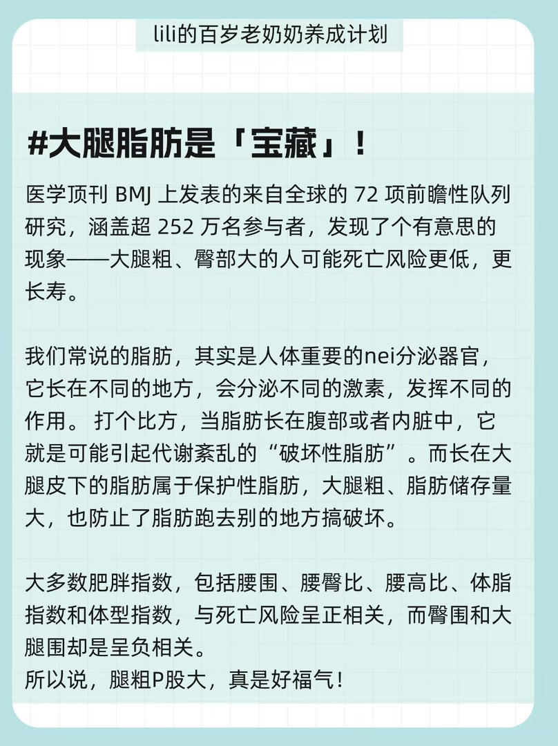 原来大腿粗的人更长寿国医少年志 有一说一，大腿粗的人确实有长寿优势。节目里讲了肌