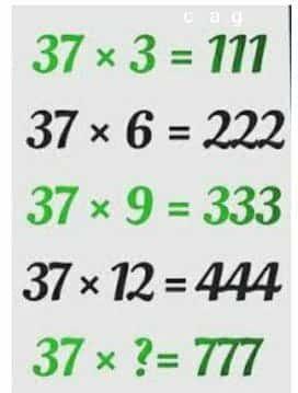 这里有一组有趣的乘法等式： 37×3 = 111、37×6 = 222、37×9