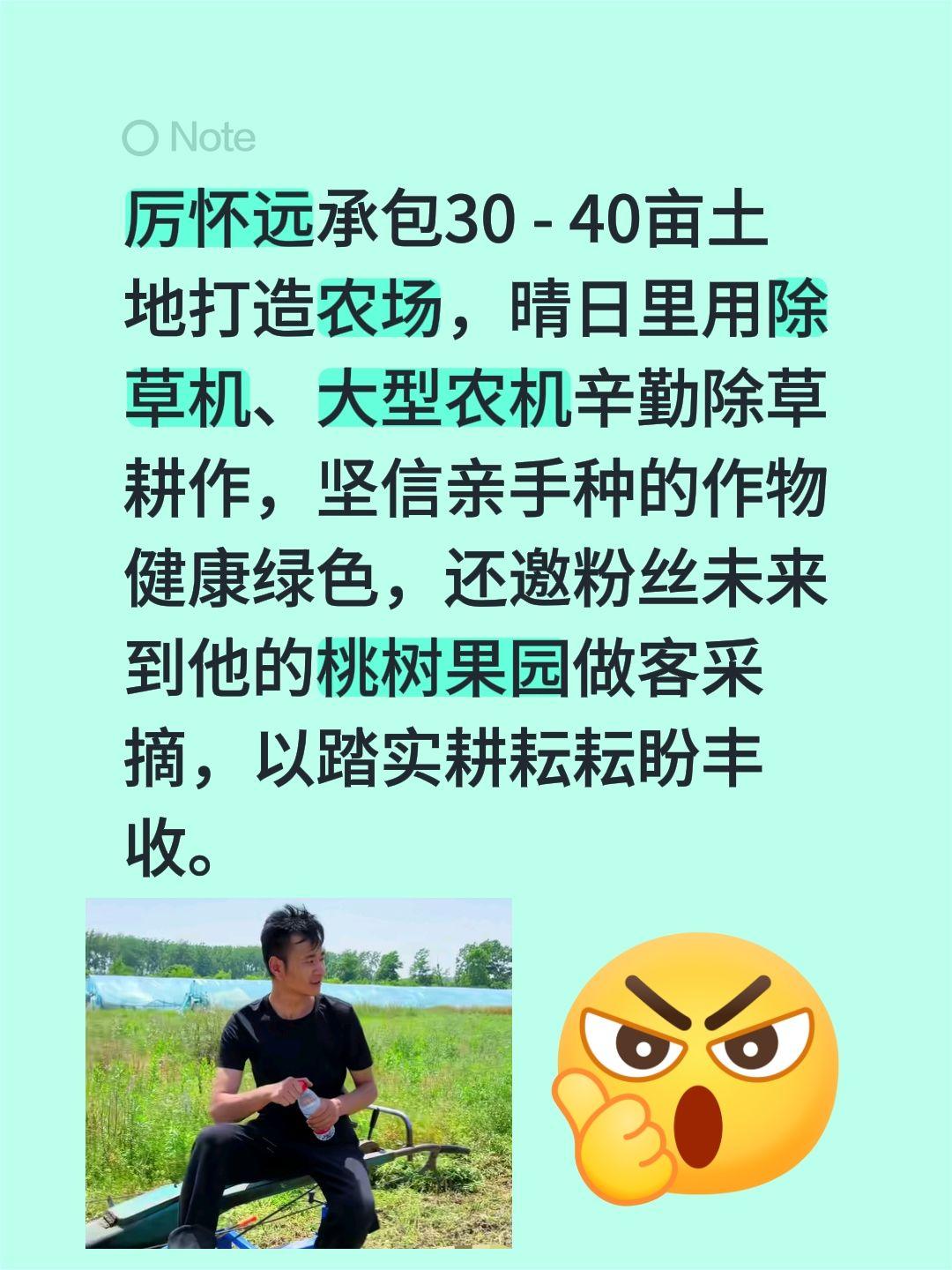 厉怀远承包30 - 40亩土地打造农场，晴日里用除草机、大型农机辛勤除草耕作，坚