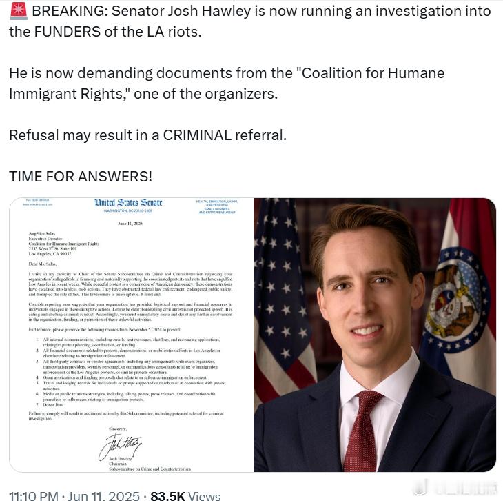 联邦参议员乔什·霍利现正调查洛杉矶骚乱的资助者。他现要求“人道移民权利联盟”（C