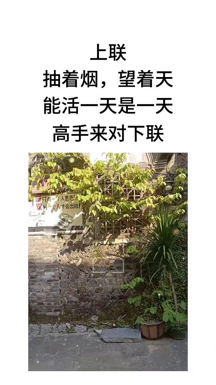 上联：抽着烟，望着天，能活一天是一天。高手来对下联。