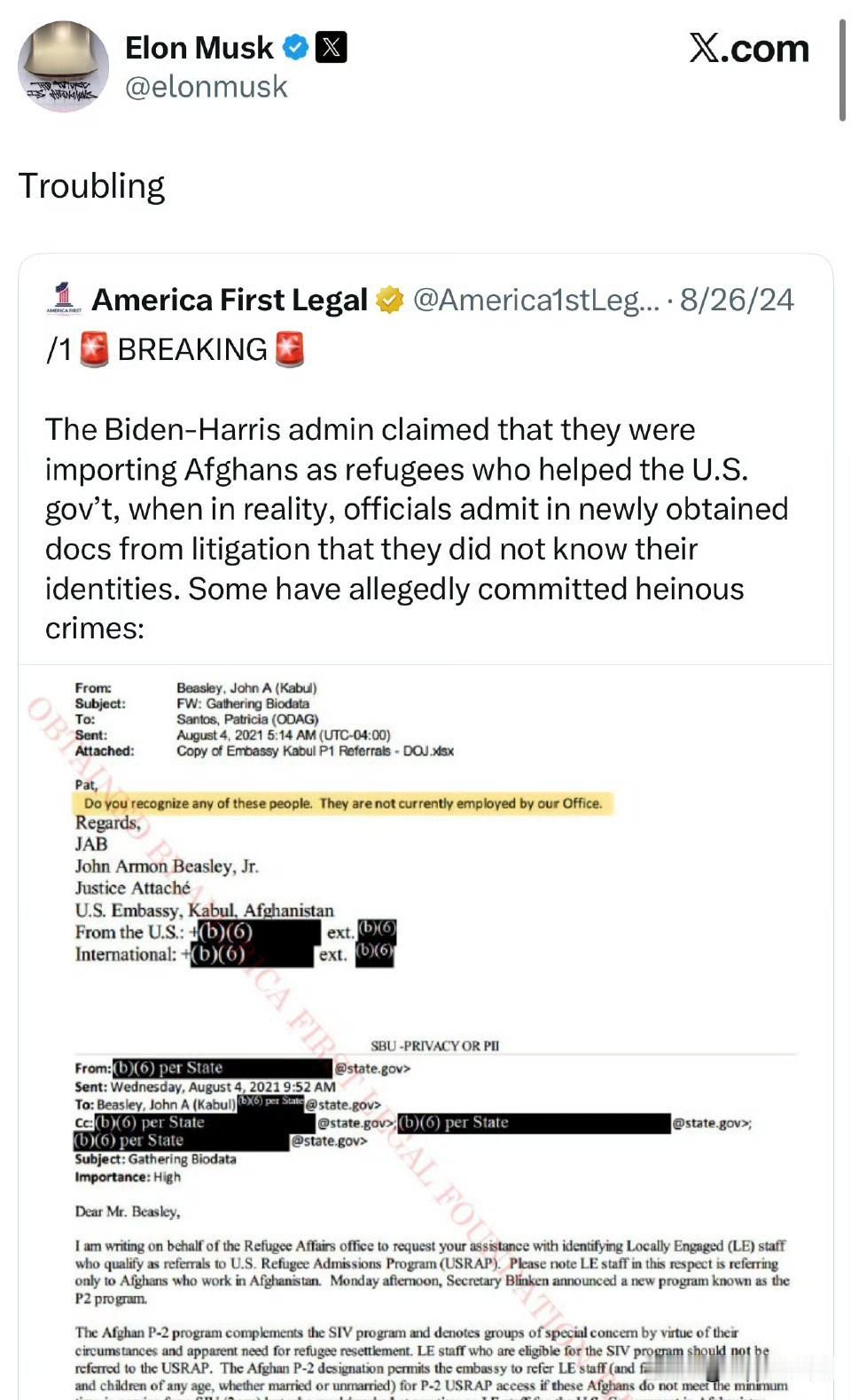 马斯克的转发。拜登-哈里斯政府声称，他们引进阿富汗人作为难民，这些人帮助了美国政