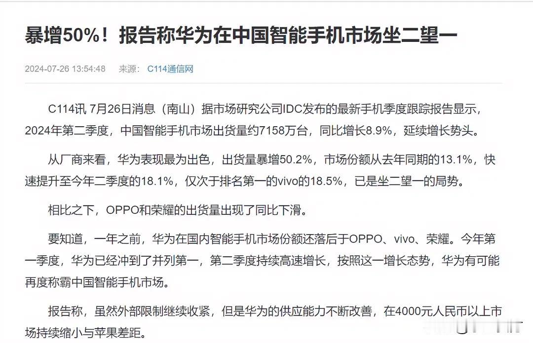 华为智能手机坐二望一
市占率仅仅比苹果低0.4个百分点
看华为的增长势头，超越苹