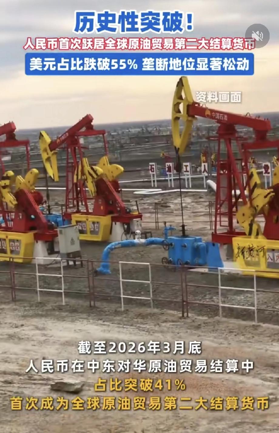 历史性突破！人民币首次跻身全球原油贸易第二大结算货币，美元占比首度跌破55%，美