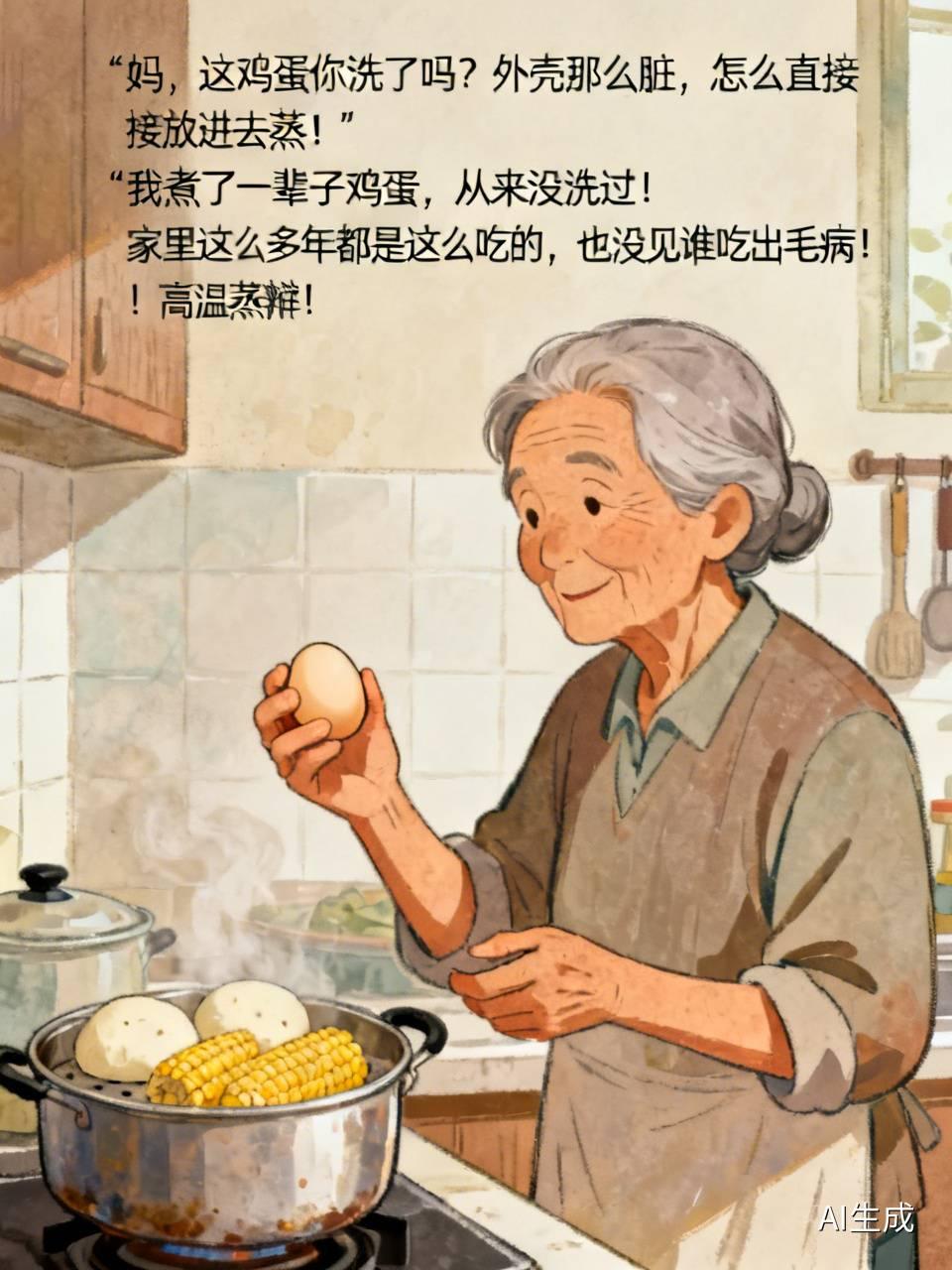 今早起来，看见婆婆手里拿着鸡蛋，连冲都没冲一下，随手就扔进蒸锅，跟玉米、馒头放在