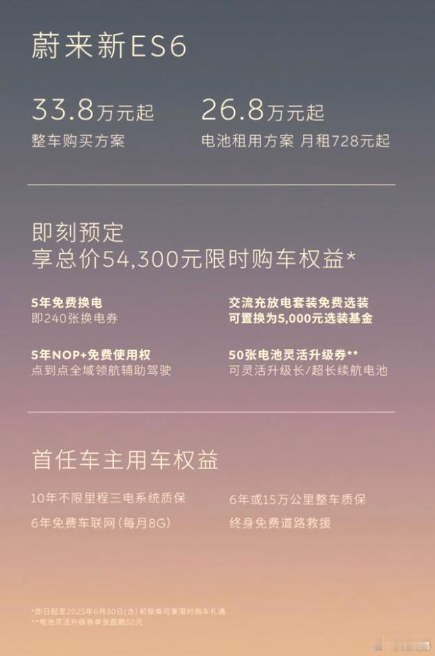全新蔚来ES6 和蔚来EC6的价格来了：全新ES6 33.8万起（走电池租用方案
