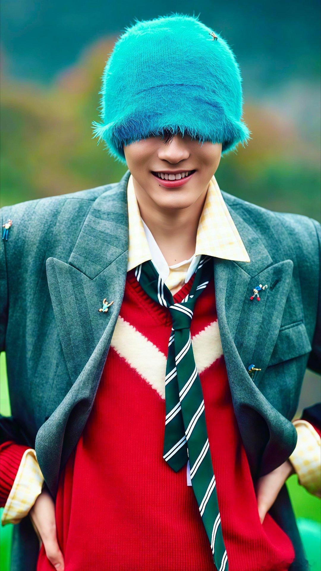 txn湖蓝色毛绒帽裹着发梢，灰调西装混着红毛衣的跳脱，整个人陷在亮绿色软椅里，连