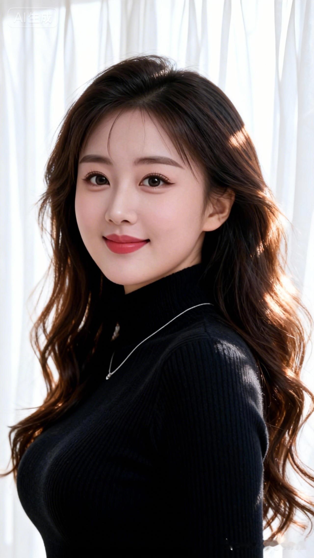 温柔甜美的微笑，黑色高领毛衣搭配，冬日暖阳下的迷人时刻。