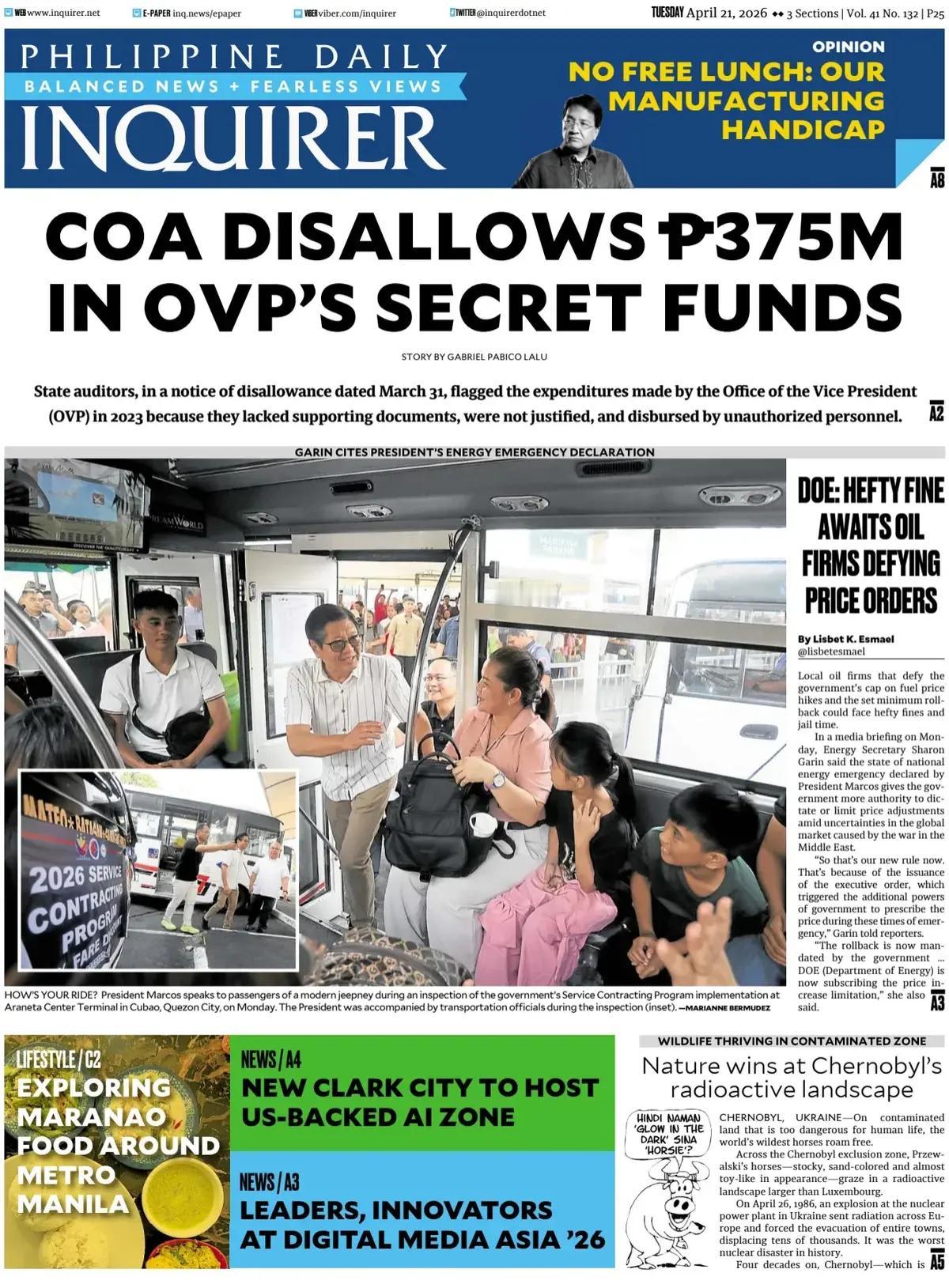 《菲律宾每日问询者报》头版报道称，尽管菲律宾面临能源价格飞涨，但国内小马科斯政府
