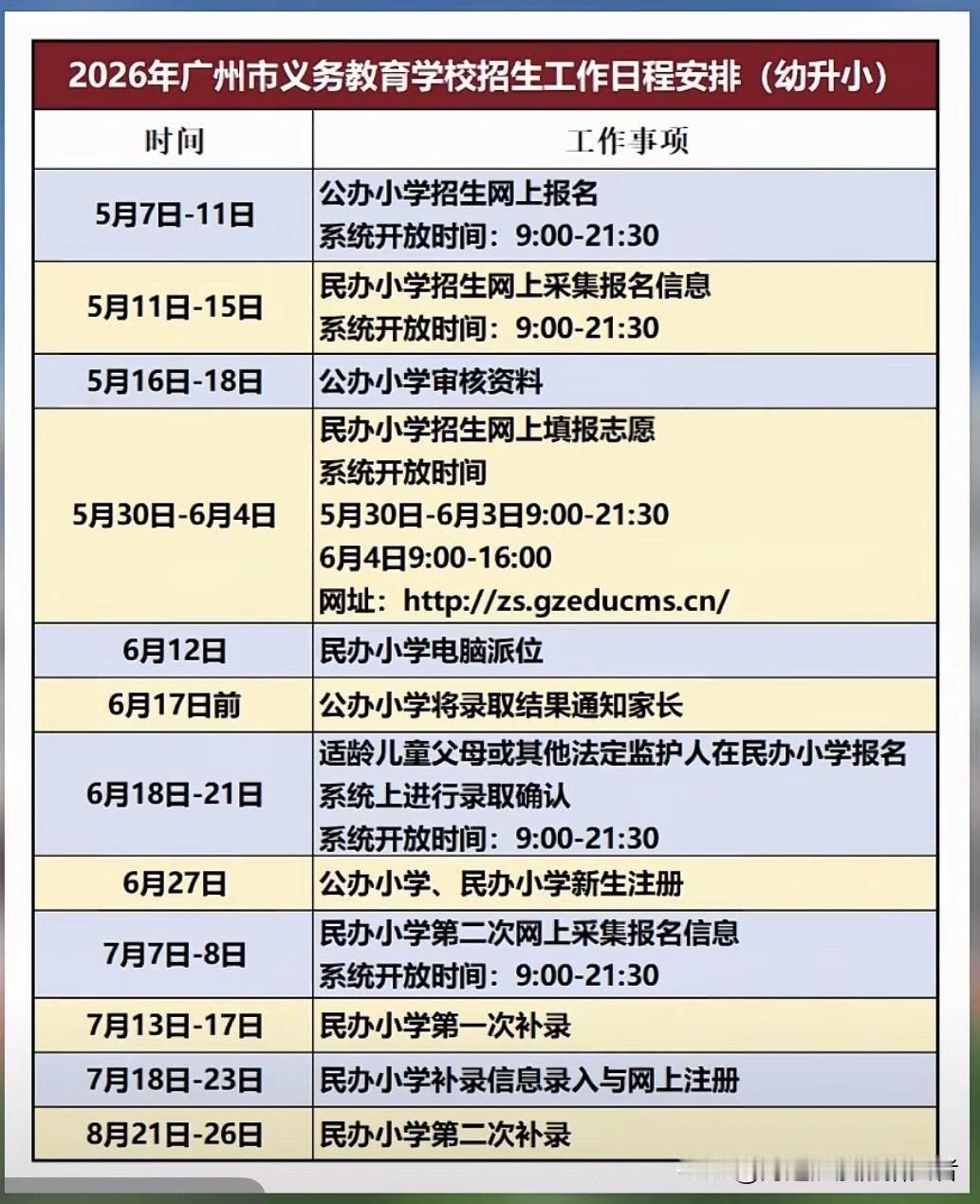 2026广州义务教育学校招生
工作日程安排可太重要啦，这关系着无数家庭的升学大事
