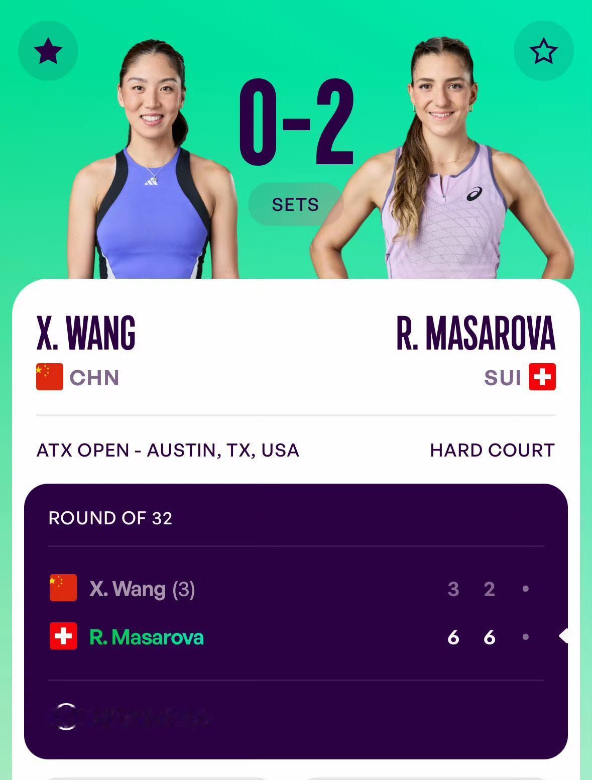 奥斯汀250赛首轮，中国金花王欣瑜状态不佳，以3-6/2-6不敌资格赛选手马萨洛