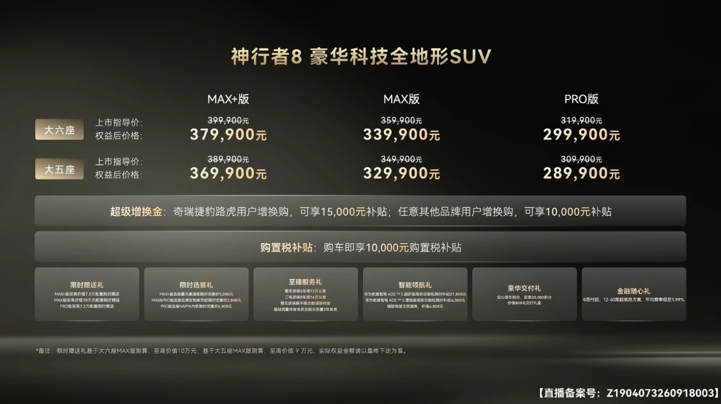 神行者8正式上市：大六座   Max+37.99万，Max33.99万，Pro2