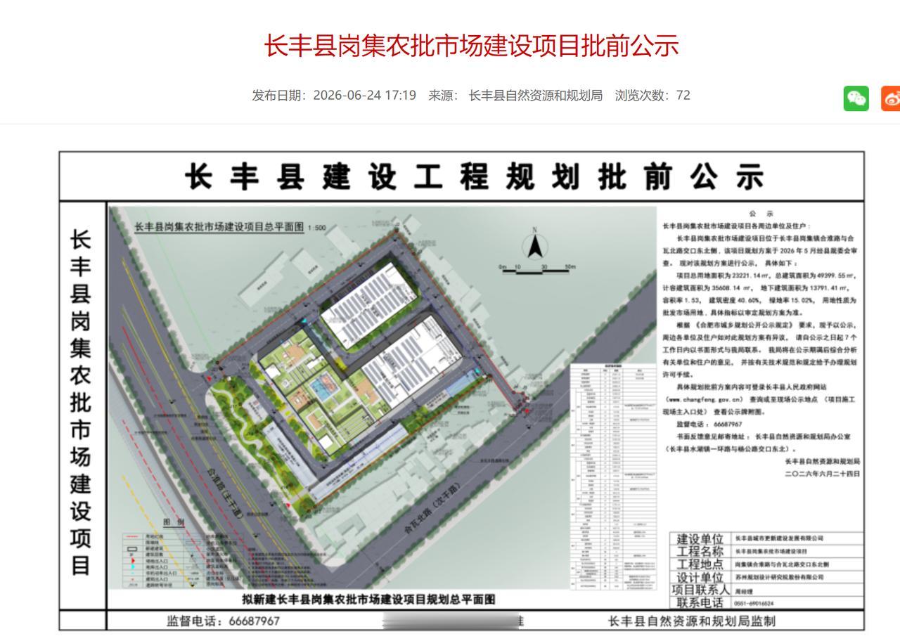 合肥市长丰县岗集农批市场建设项目批前公示。
这个农贸市场看图建起来，的确还不错。