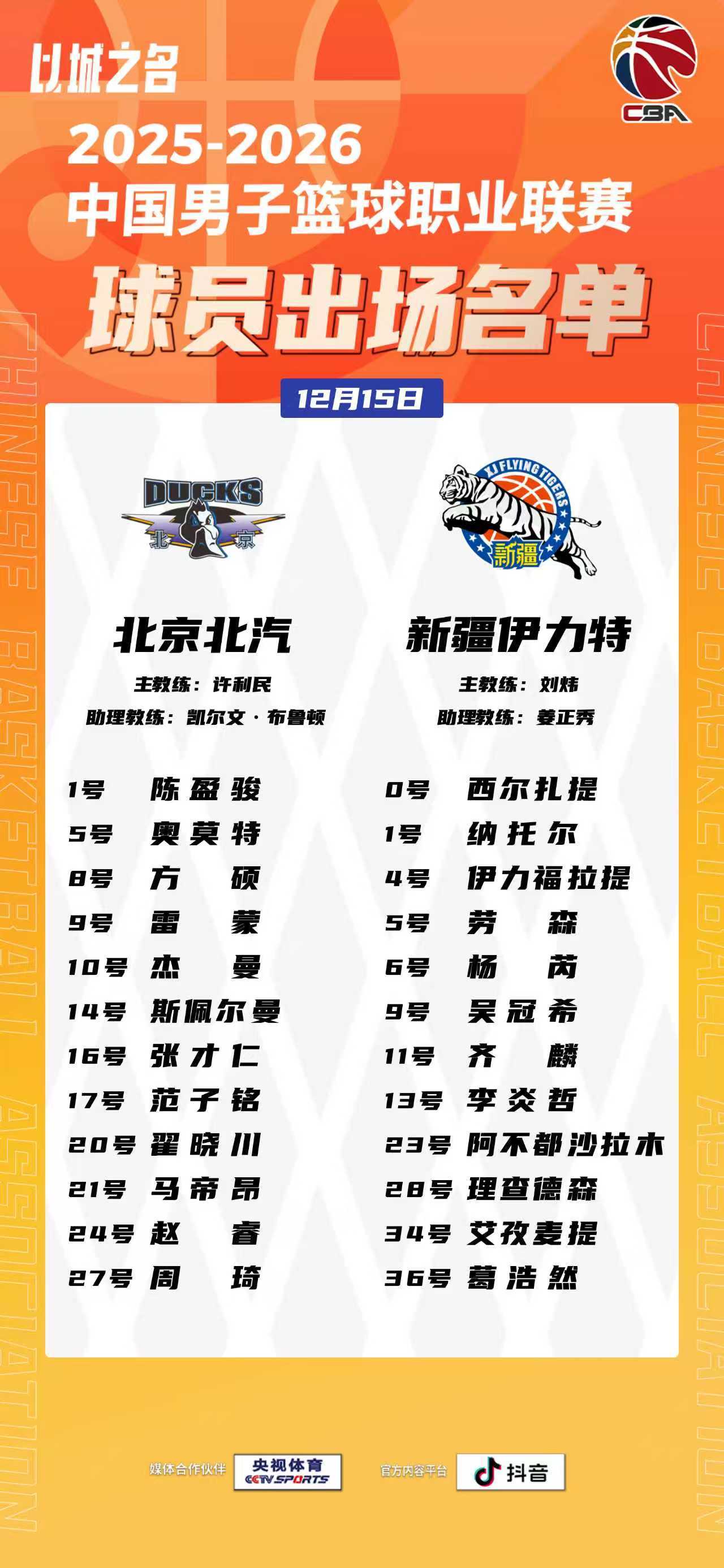 💙【比赛日•赛前名单】除邱天外，全主力出战，赵睿首战旧主。主场首战遭遇“摸底考