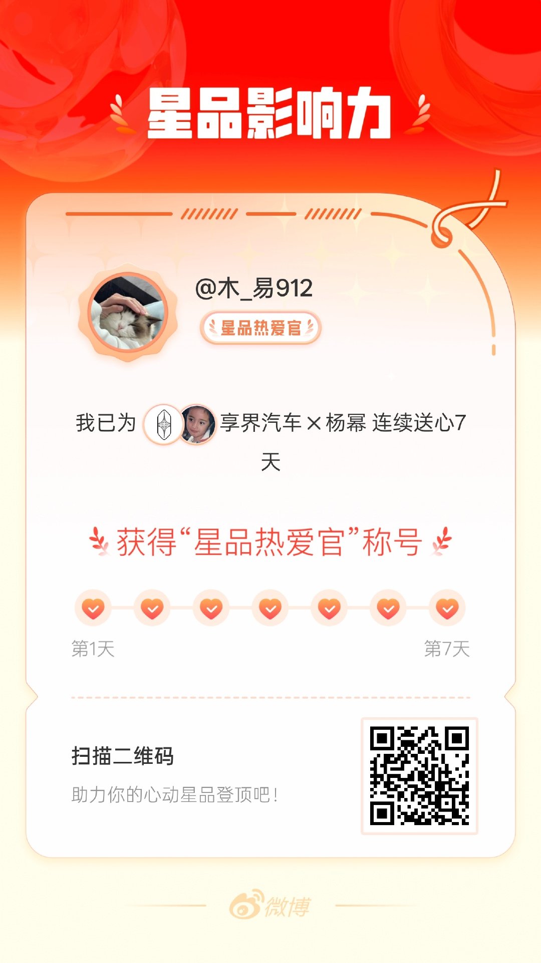 我在星品影响力上为 X 连续送心7天，获得“星品热爱官”称号！快来一起pick你