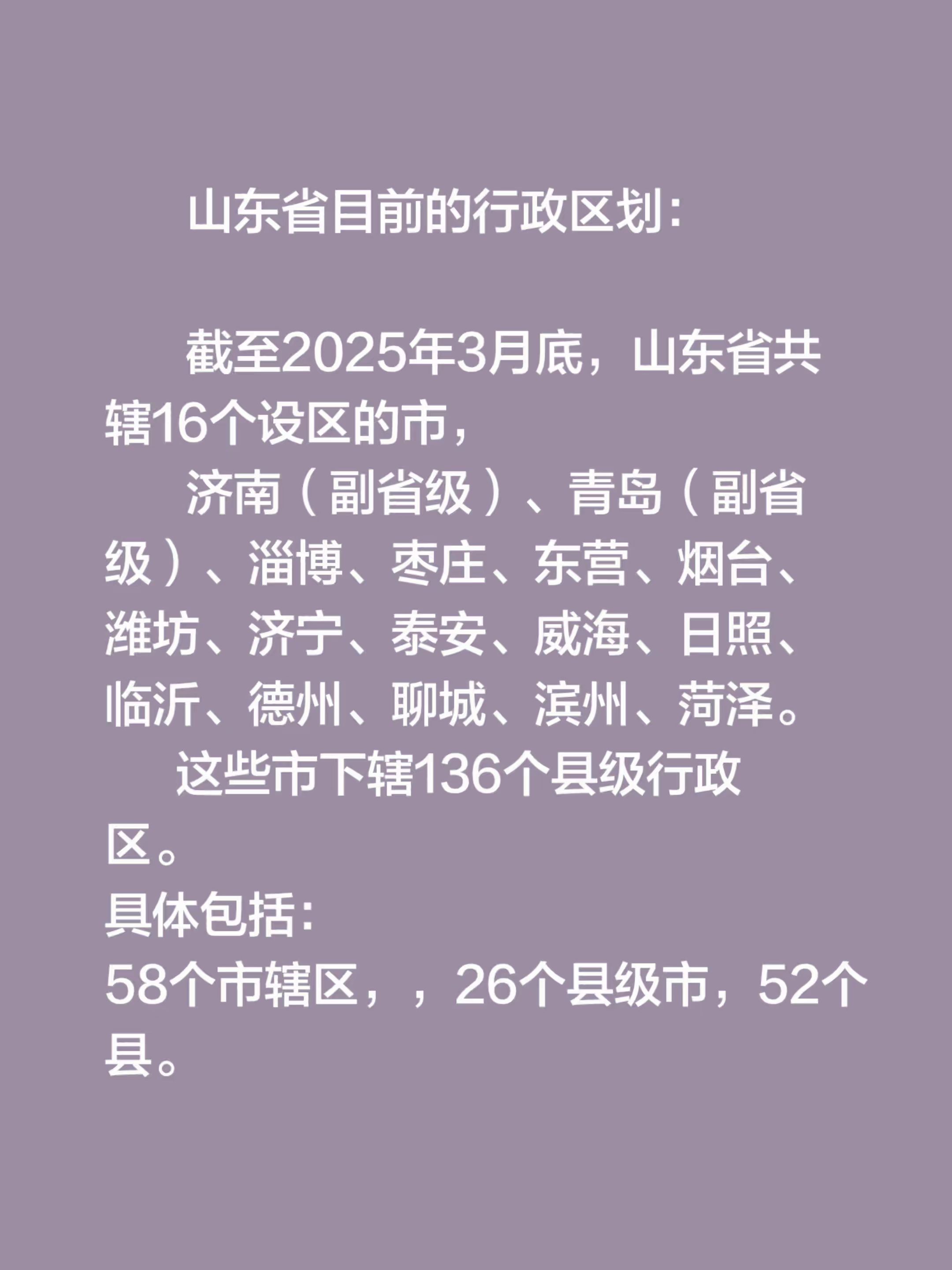 山东省目前的行政区划：          截至2025年3月底，山东省...