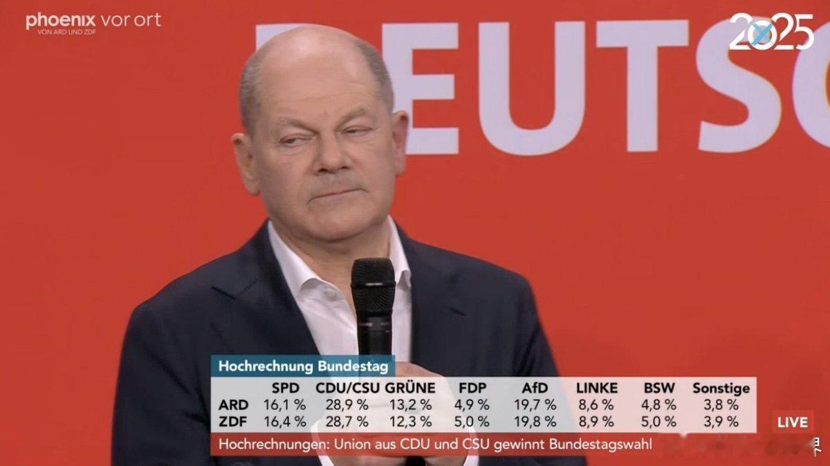 🇩🇪德国选举：总理奥拉夫·朔尔茨承认失败。“我不能、也永远不会接受像德国选择