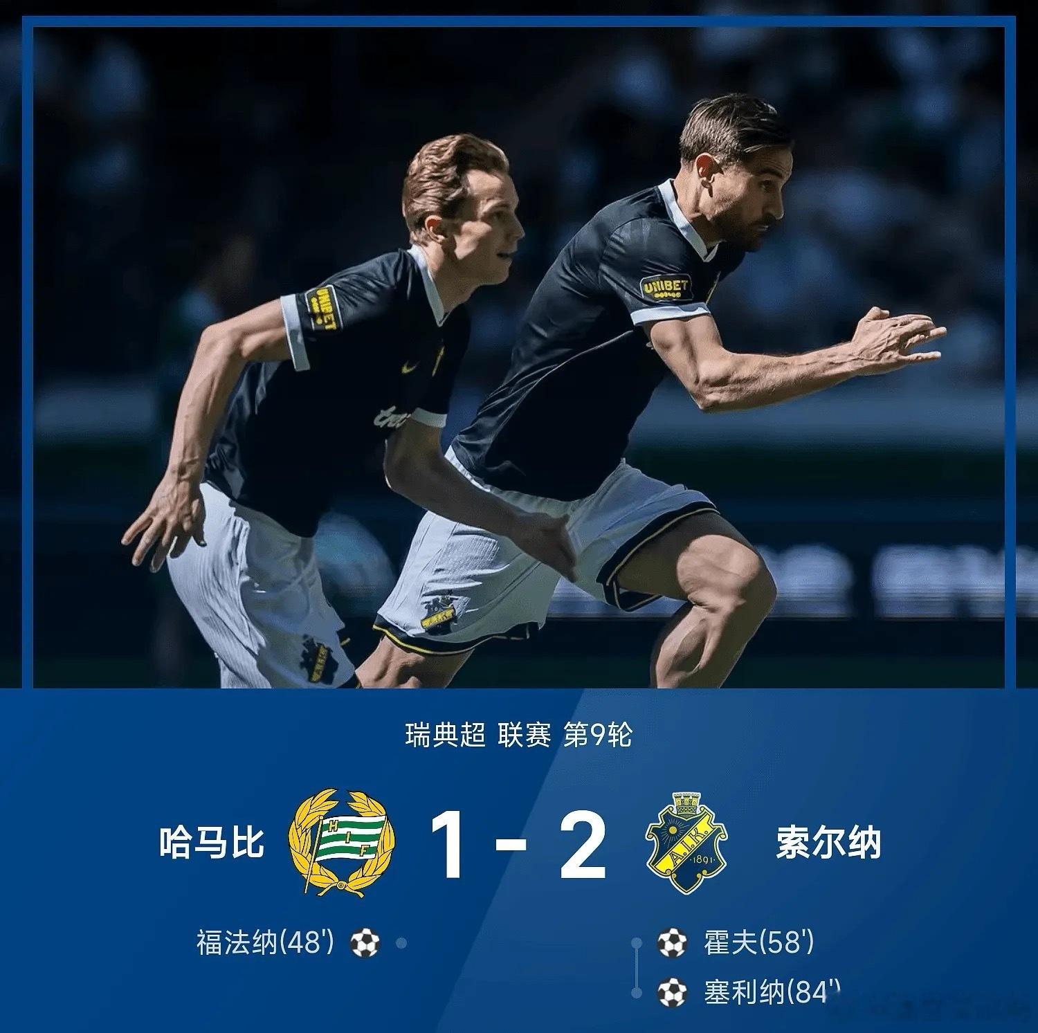 5月24日瑞典超联赛第9轮，索尔纳2-1战胜哈马比。上半场比赛，双方均无建树。下