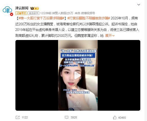 榜一大哥打赏千万后要求陪睡，打赏后女主播翻脸不陪睡就告诈骗，没道理！
拥有近 2