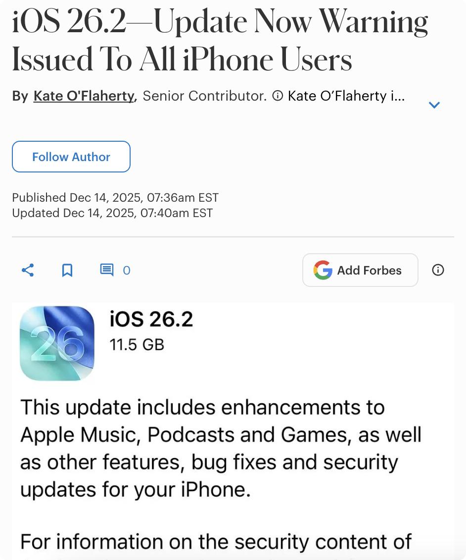 外媒：苹果发布iOS 26.2更新，强烈建议所有iPhone用户立即升级。

此