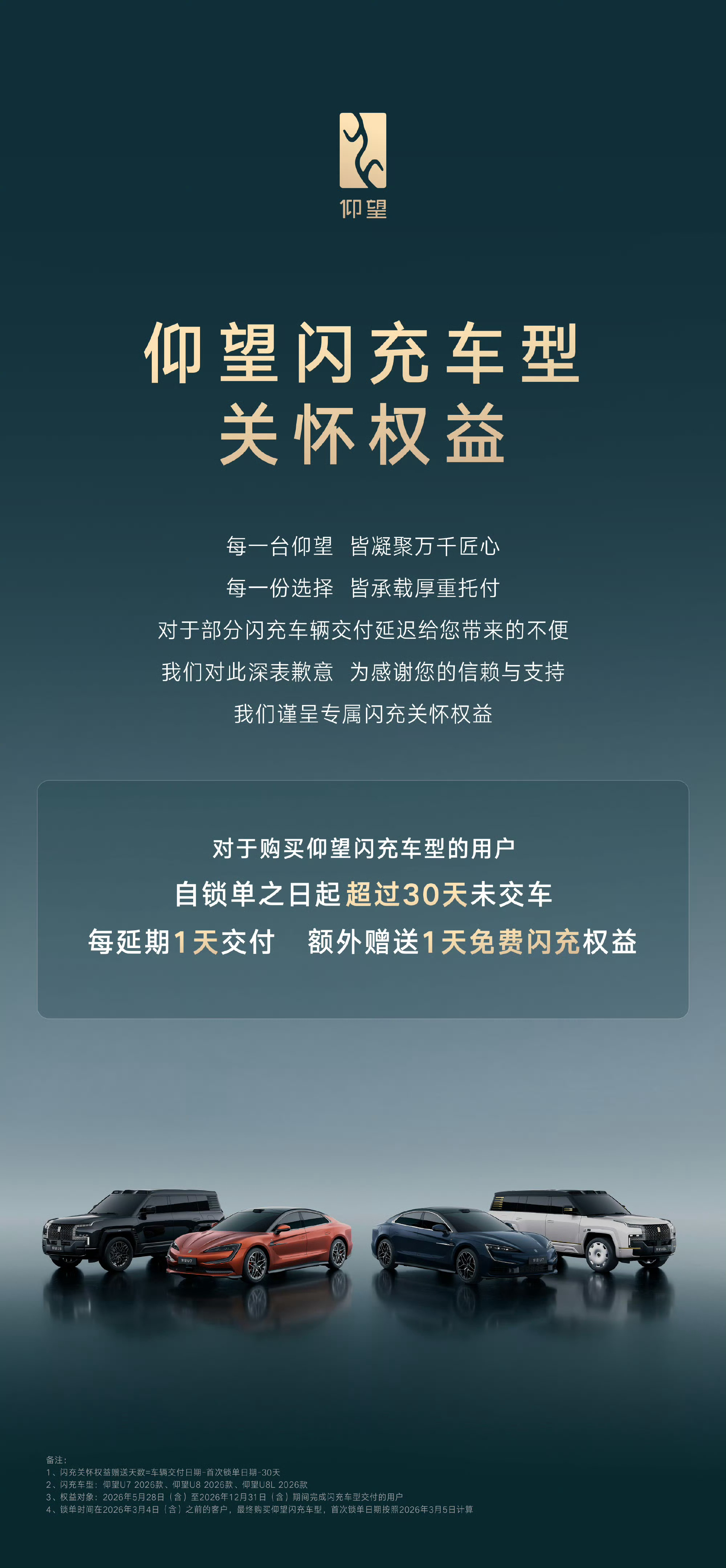 比亚迪全品牌系的闪充车型上市后，自锁单之日起，超过30天未交车，每延期一天交付，
