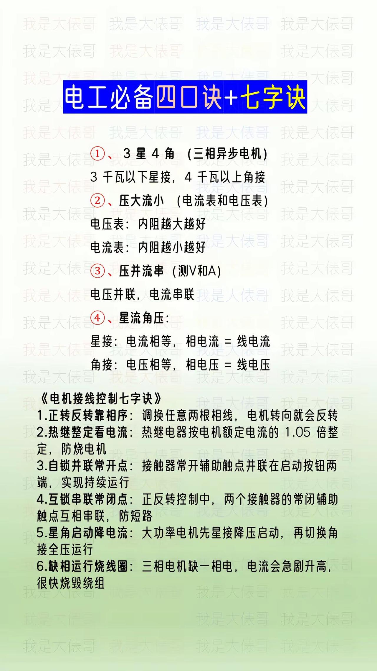 电工必备的四口诀和电机接线控制七字诀。零基础学电工 电工知识 电工常识
