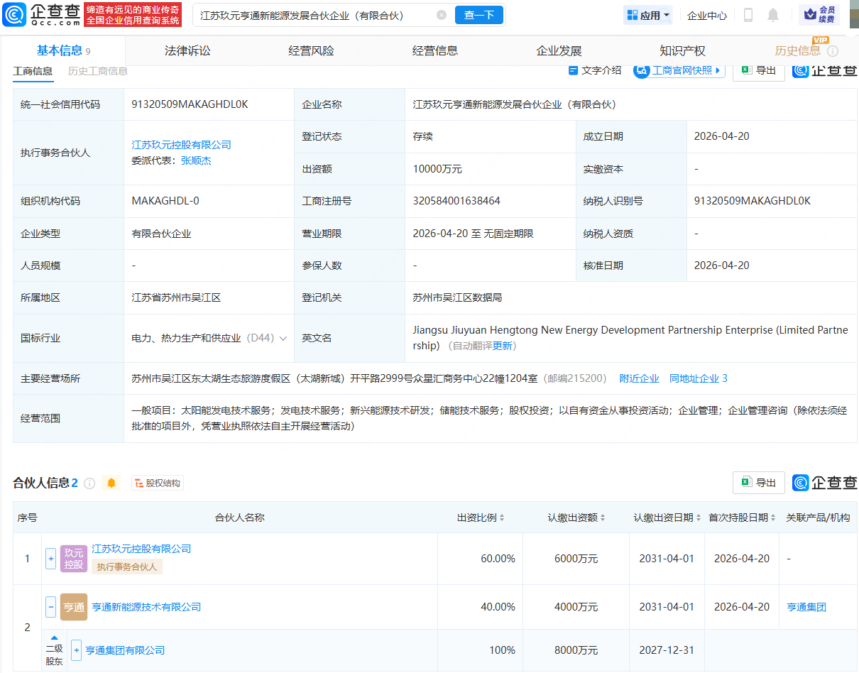 亨通集团等成立新能源发展合伙企业