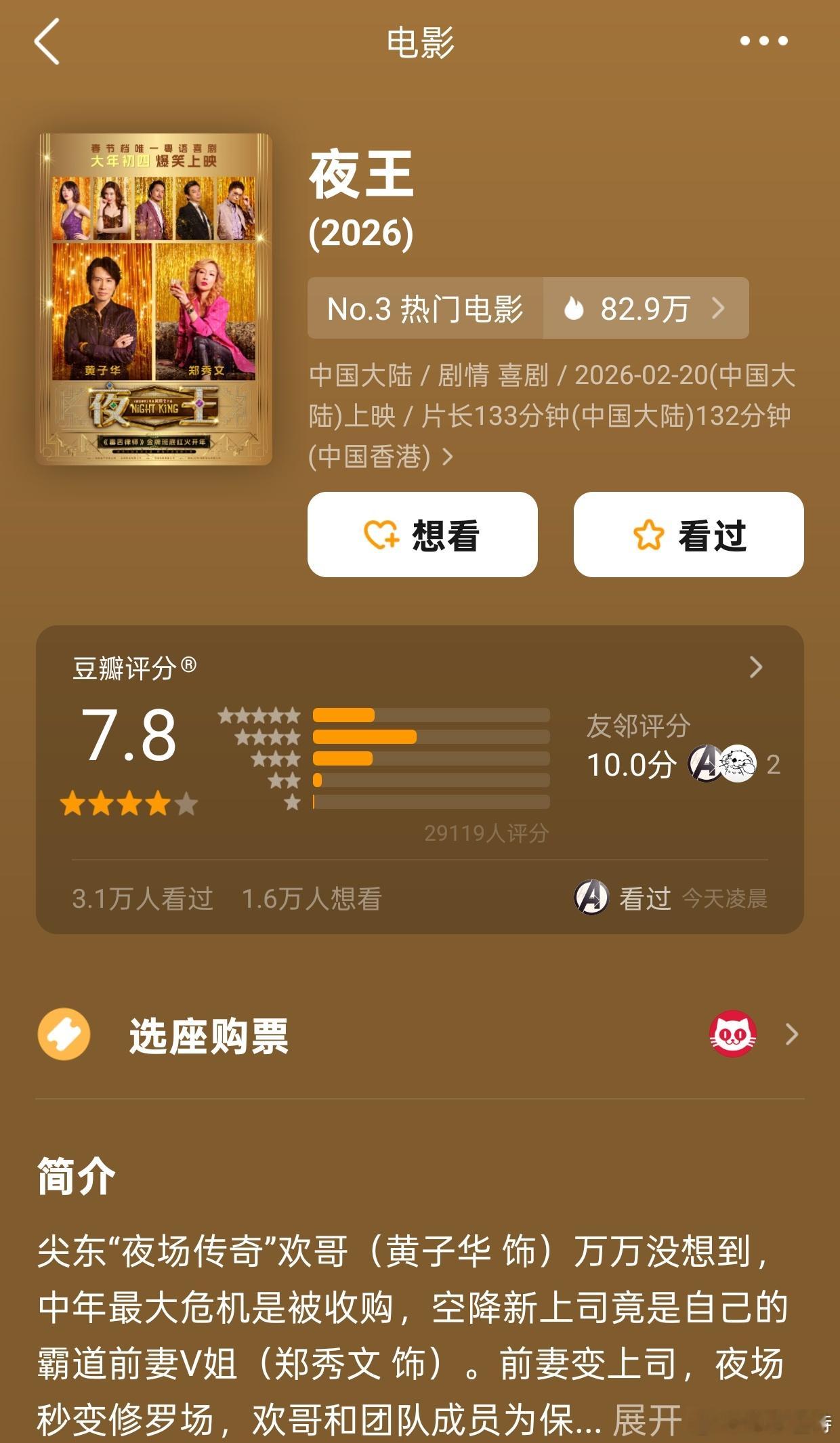 听听温特怎么说 黄子华郑秀文《夜王》豆瓣开分7.8分。 