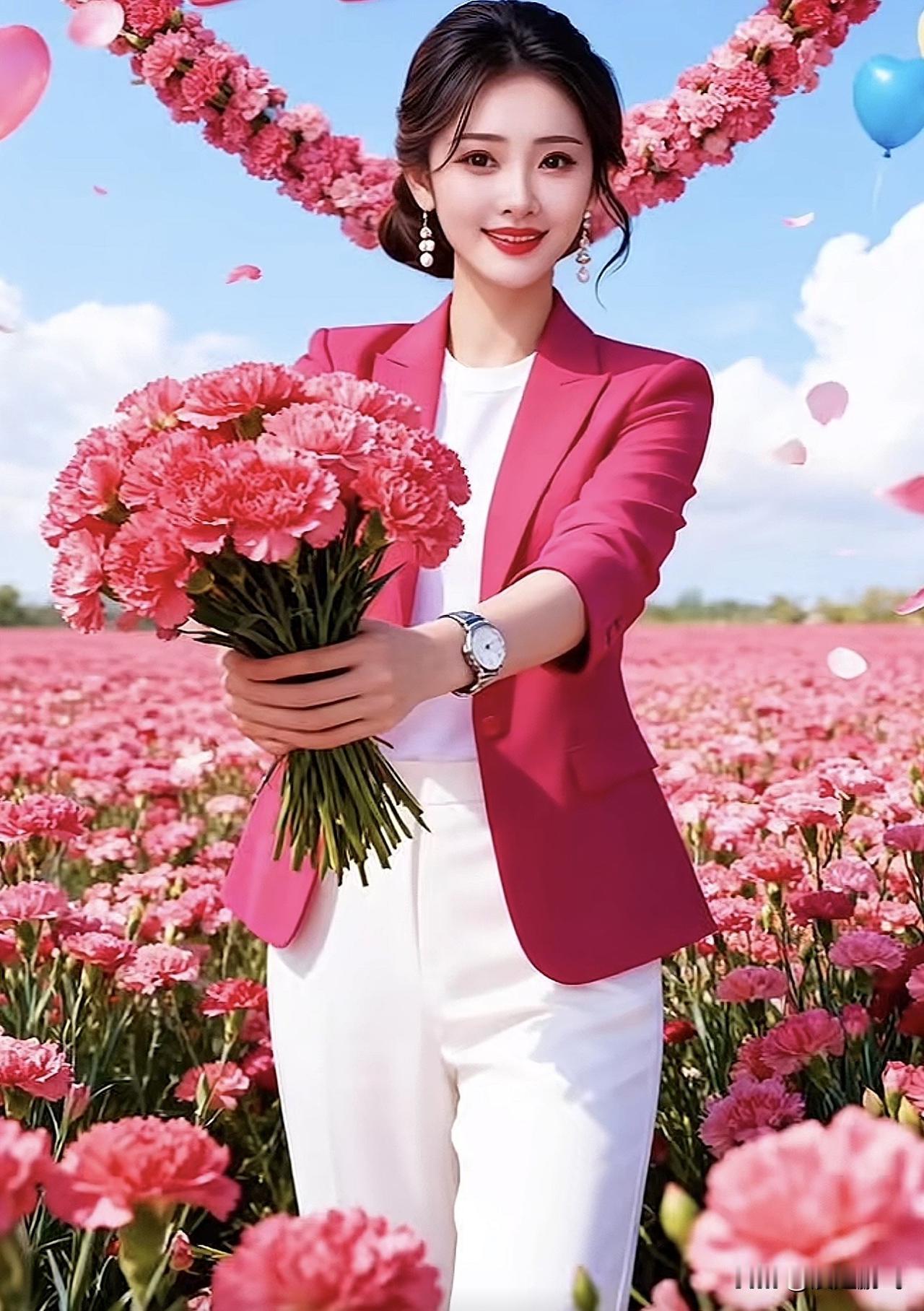 粉嫩花海中的优雅少女，手捧鲜花，笑靥如花花海少女感 花海少女照 紫色花海少女 花