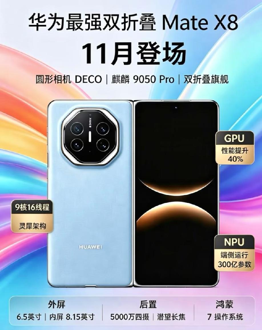 网传华为Mate X8双折叠旗舰预计11月登场
   搭载麒麟9050 Pro芯