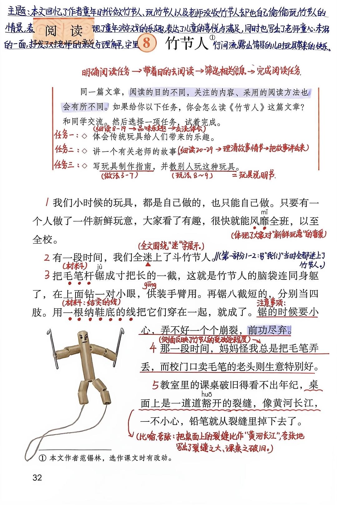 六年级上册语文，第三单元阅读《竹节人》课堂笔记，收藏备用课文讲解笔记