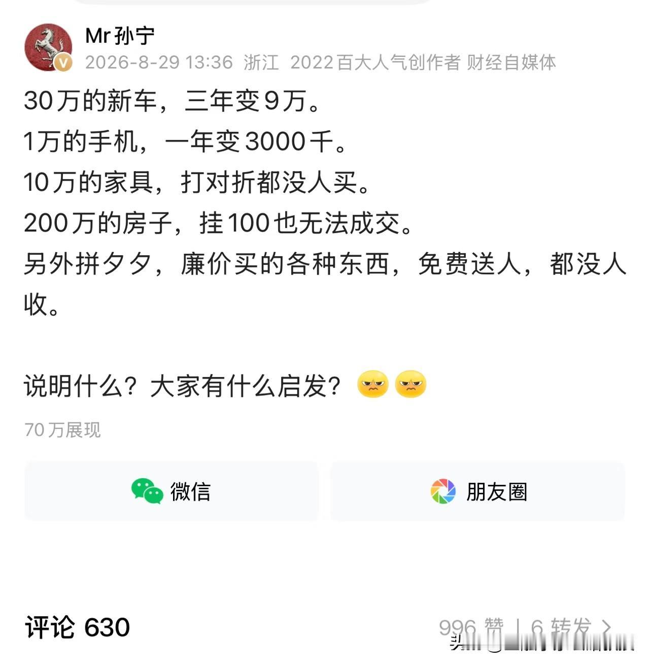 看下图，孙宁写这篇文章的意思，是想表达很多消费品属于“到手即亏损”。
 
30万